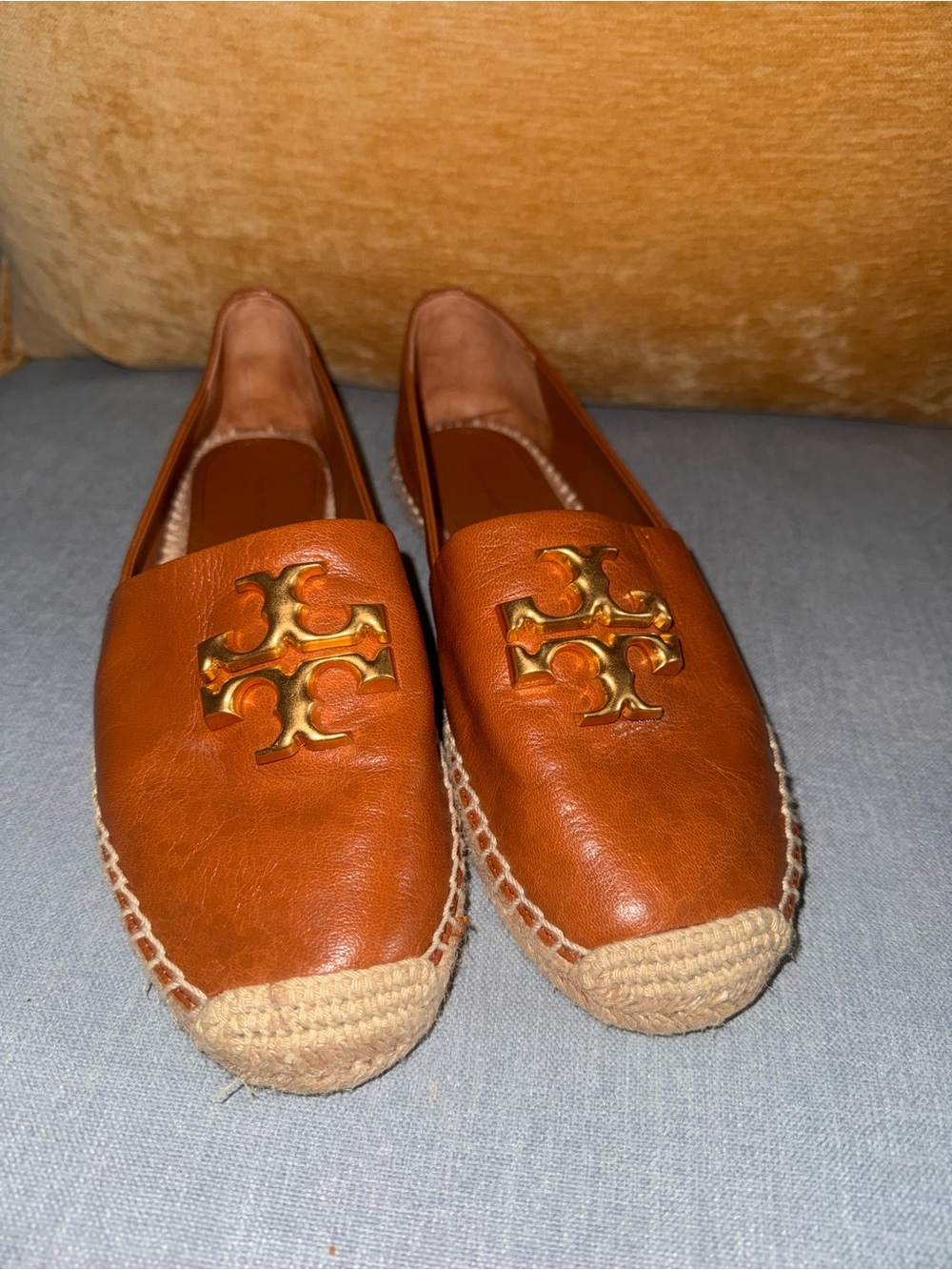 Tory Burch Cognac Leather Espadrille Loafers with Gold Logo